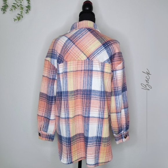 WOMEN’S CASUAL PINK  MULTI PLAID FLANNEL SHACKET JACKET OVERSIZED - Picture 4 of 11